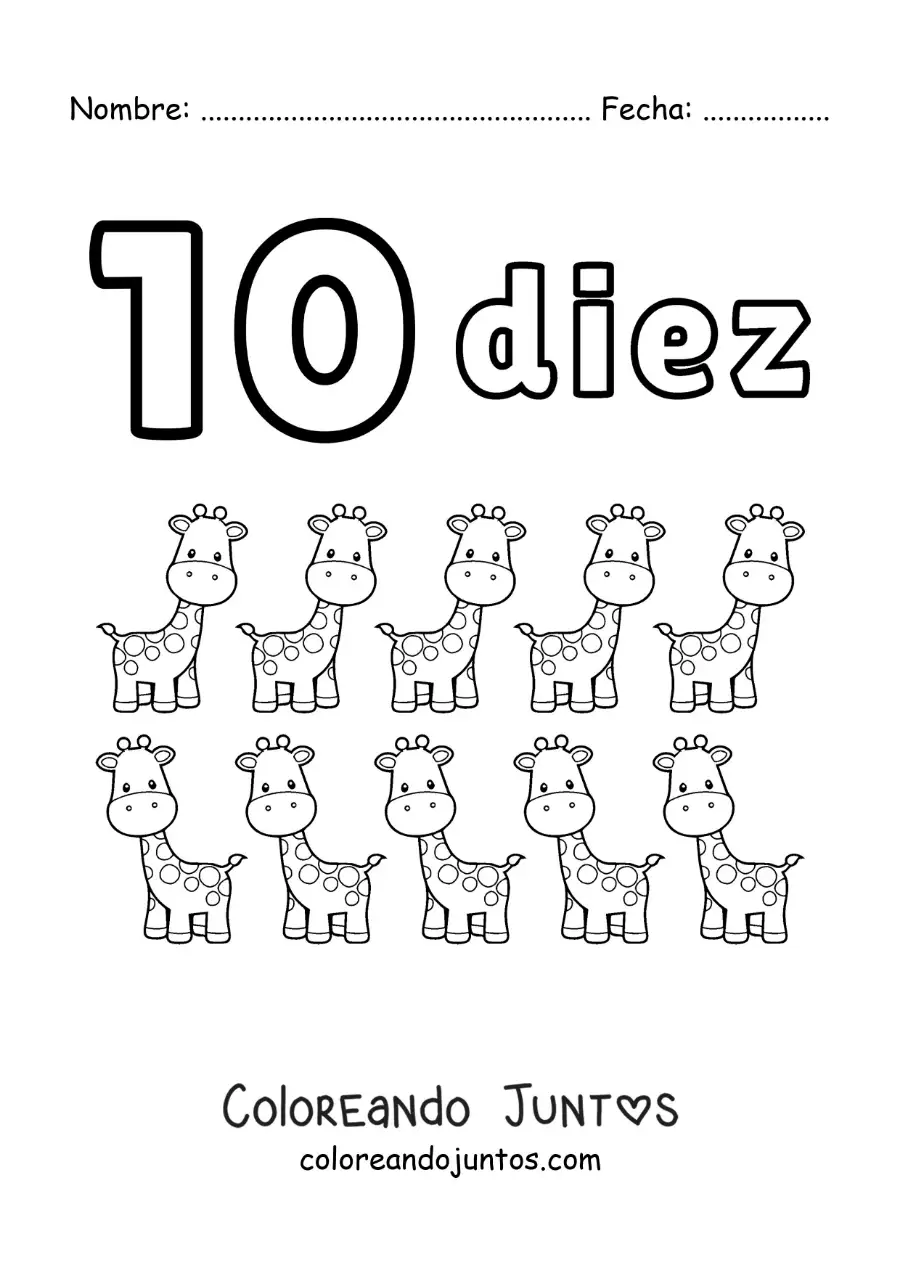 Imagen para colorear de ficha del número 10 para aprender a contar con dibujos divertidos