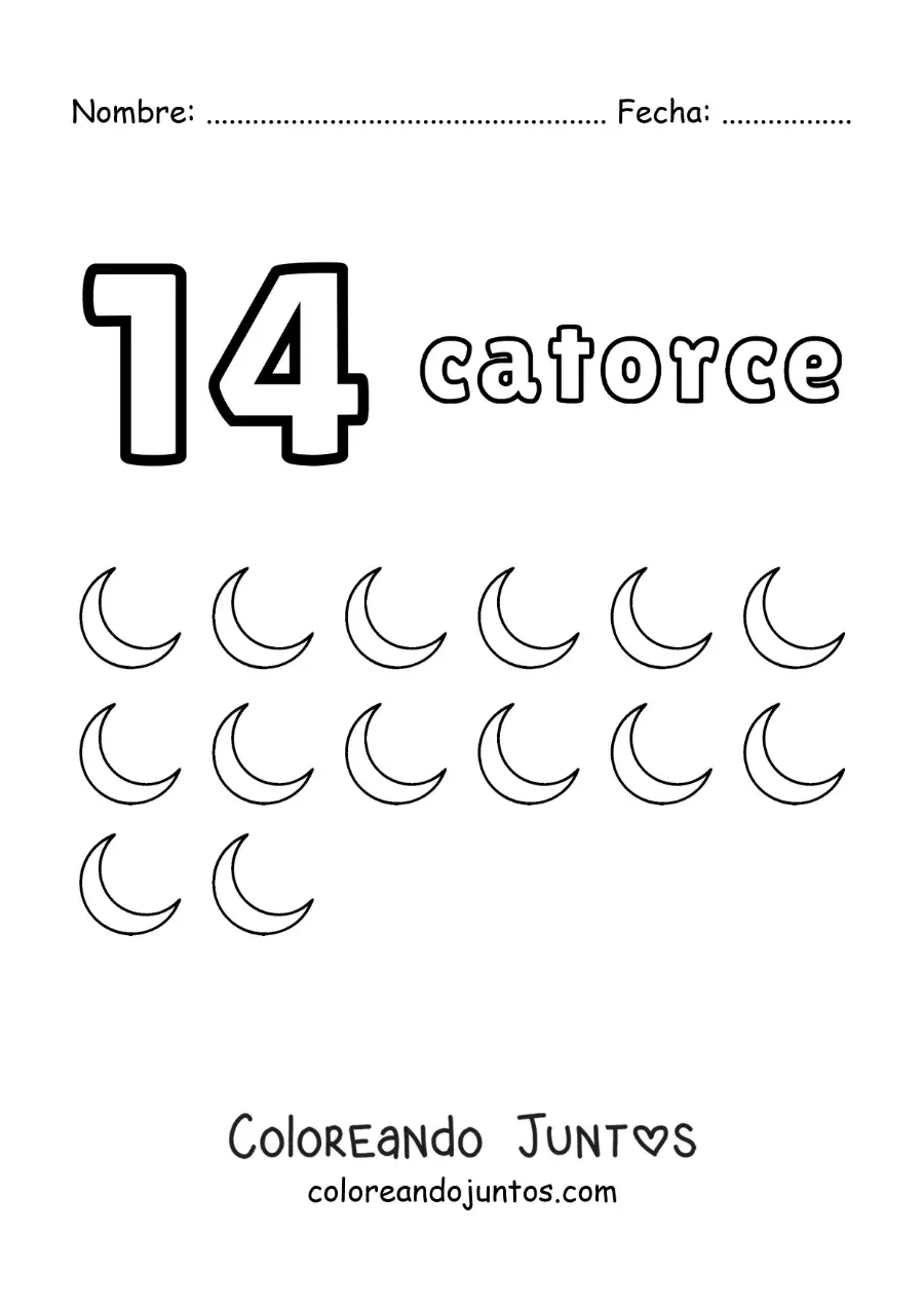 Imagen para colorear de ficha del número 14 para aprender a contar con dibujos divertidos