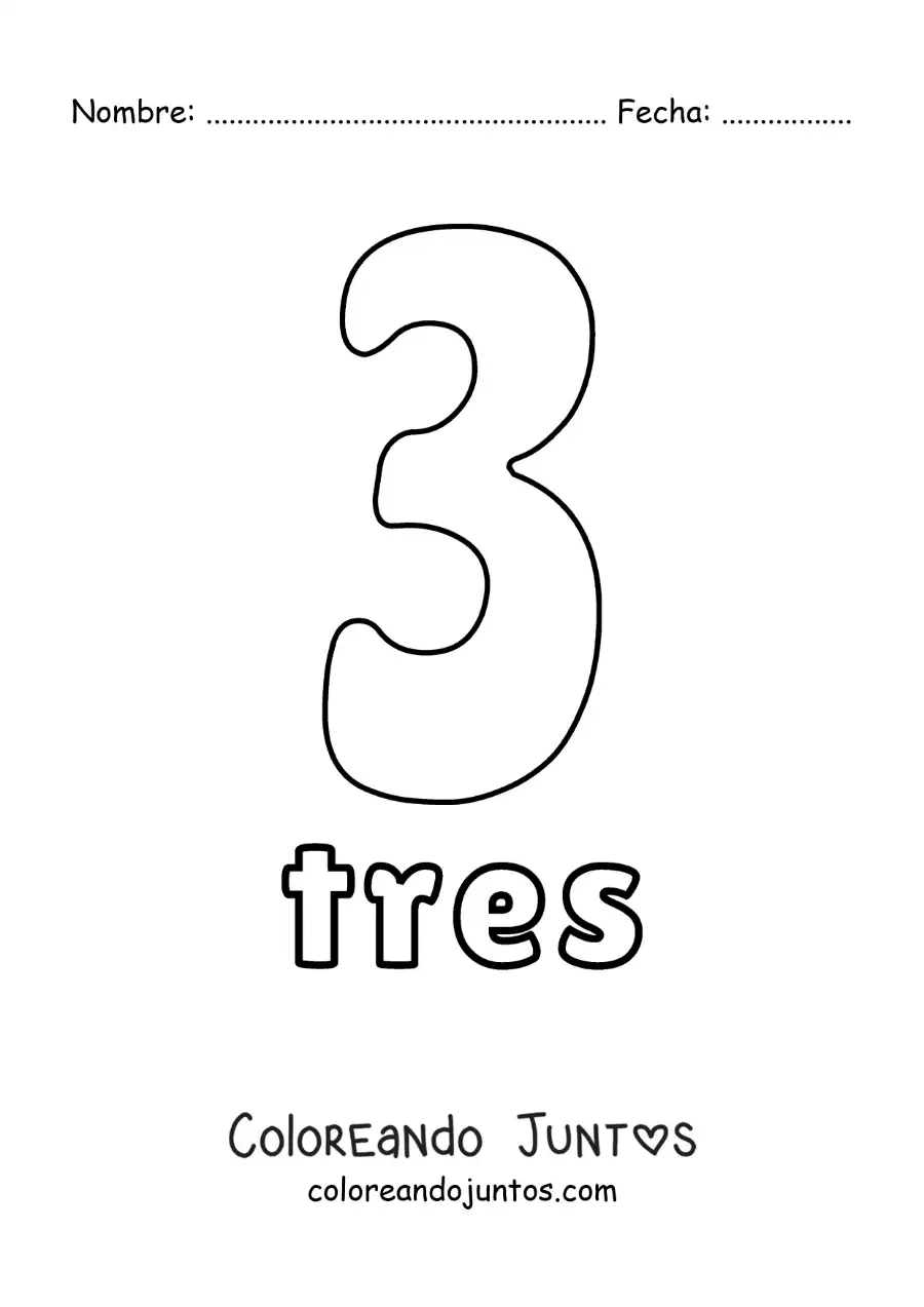 Imagen para colorear de ficha del 3 para aprender los números naturales