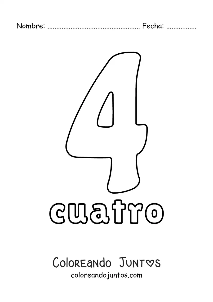Imagen para colorear de ficha del 4 para aprender los números naturales