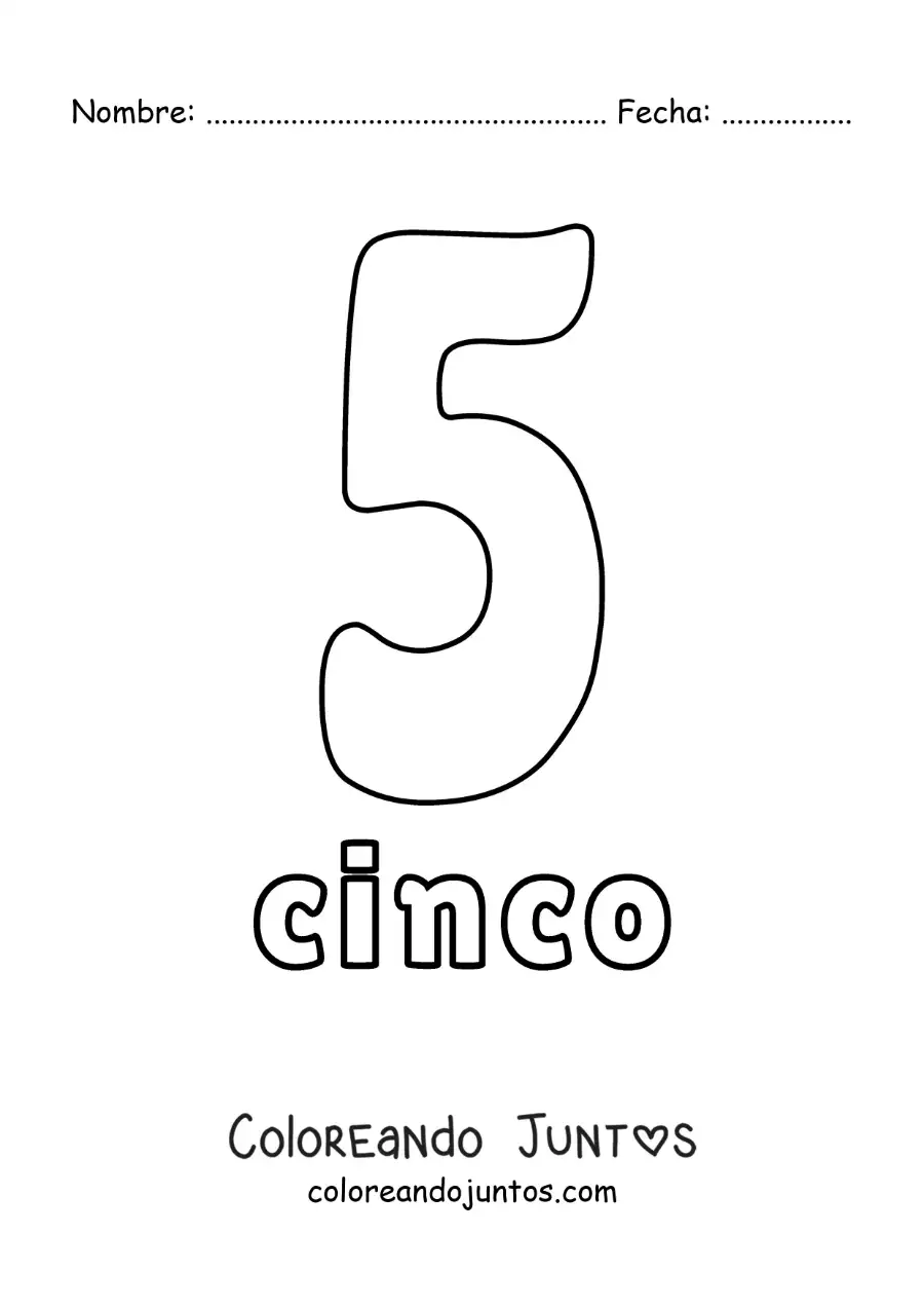 Imagen para colorear de ficha del 5 para aprender los números naturales