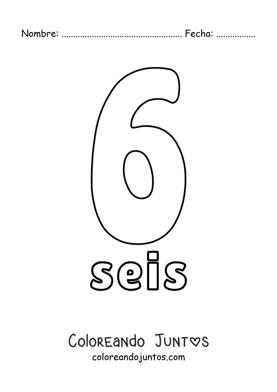 Imagen para colorear de ficha del 6 para aprender los números naturales