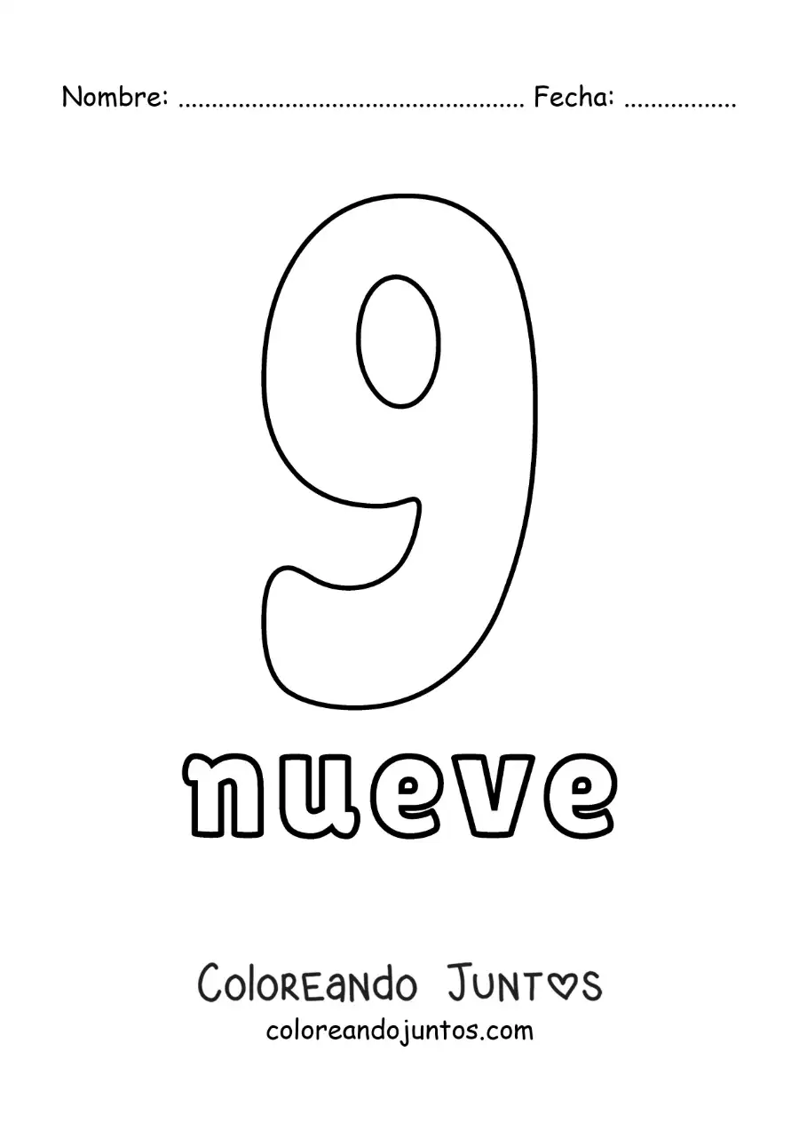 Imagen para colorear de ficha del 9 para aprender los números naturales