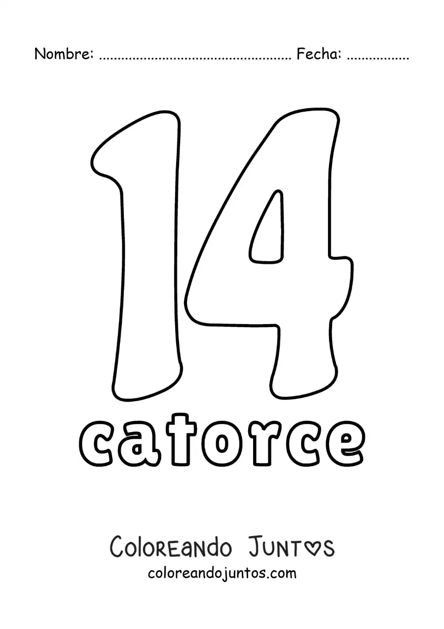 Imagen para colorear de ficha del 14 para aprender los números naturales