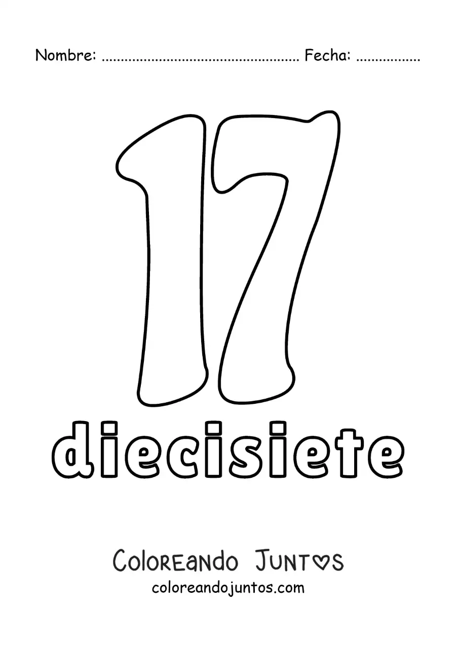 Imagen para colorear de ficha del 17 para aprender los números naturales