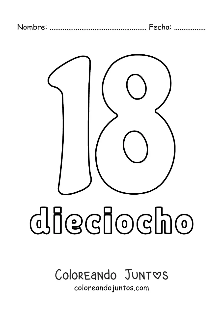 Imagen para colorear de ficha del 18 para aprender los números naturales