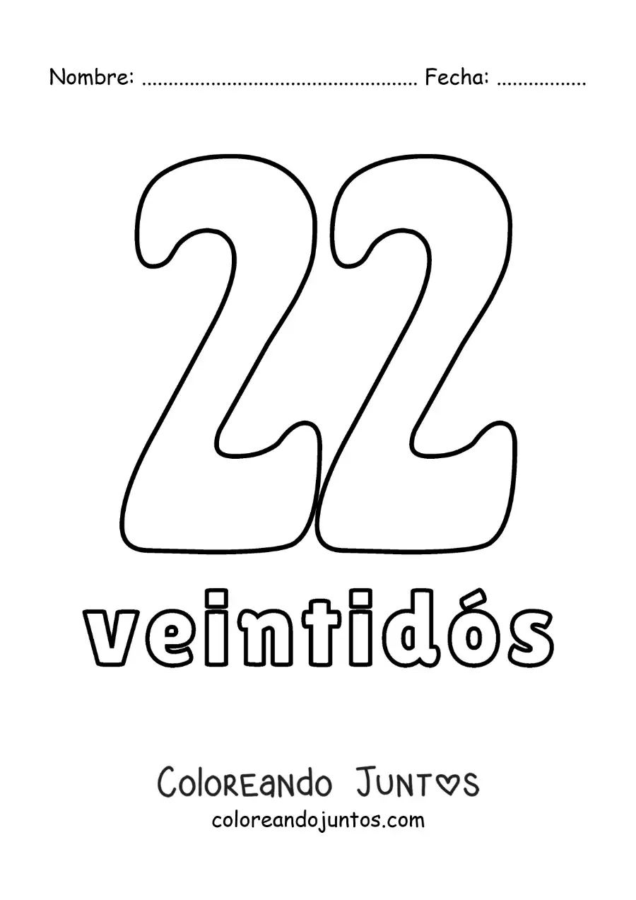 Imagen para colorear de ficha del 22 para aprender los números naturales