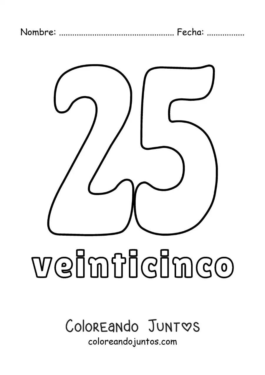 Imagen para colorear de ficha del 25 para aprender los números naturales