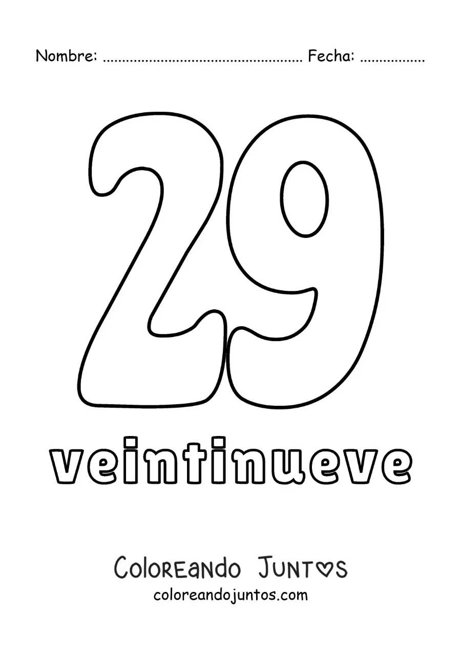 Imagen para colorear de ficha del 29 para aprender los números naturales