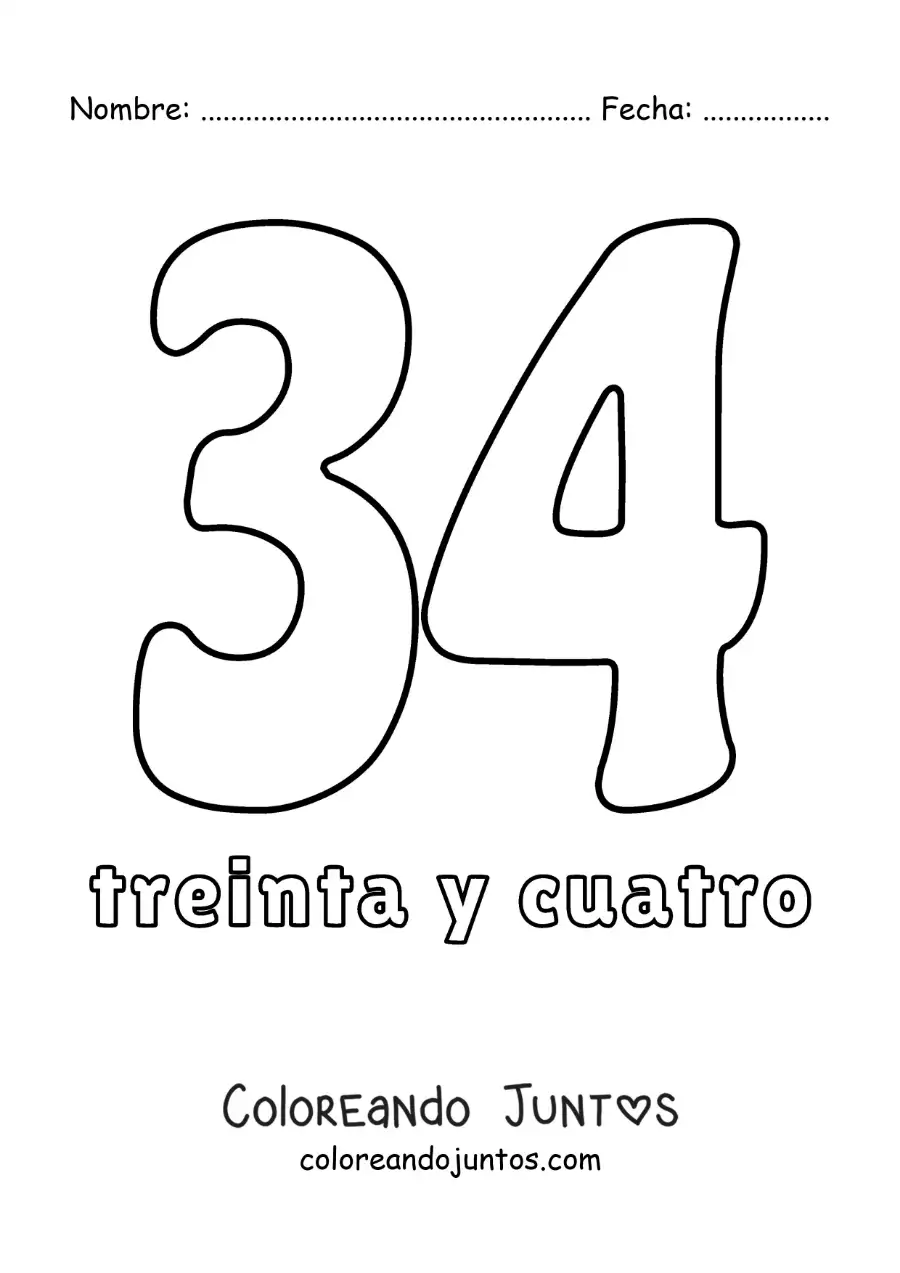 Imagen para colorear de ficha del 34 para aprender los números naturales