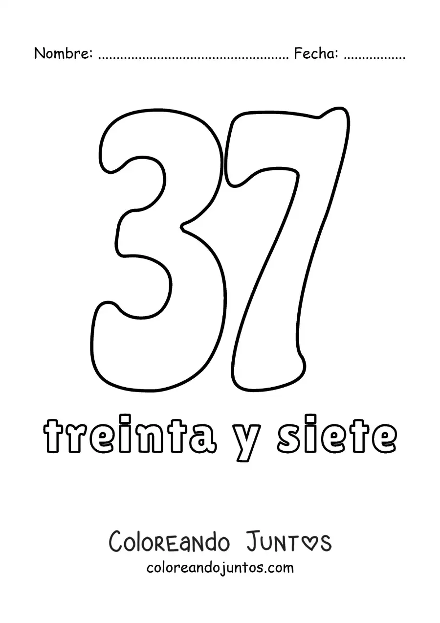 Imagen para colorear de ficha del 37 para aprender los números naturales