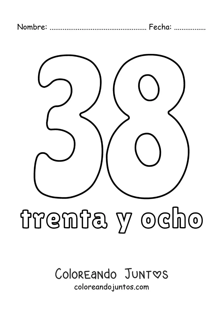 Imagen para colorear de ficha del 38 para aprender los números naturales