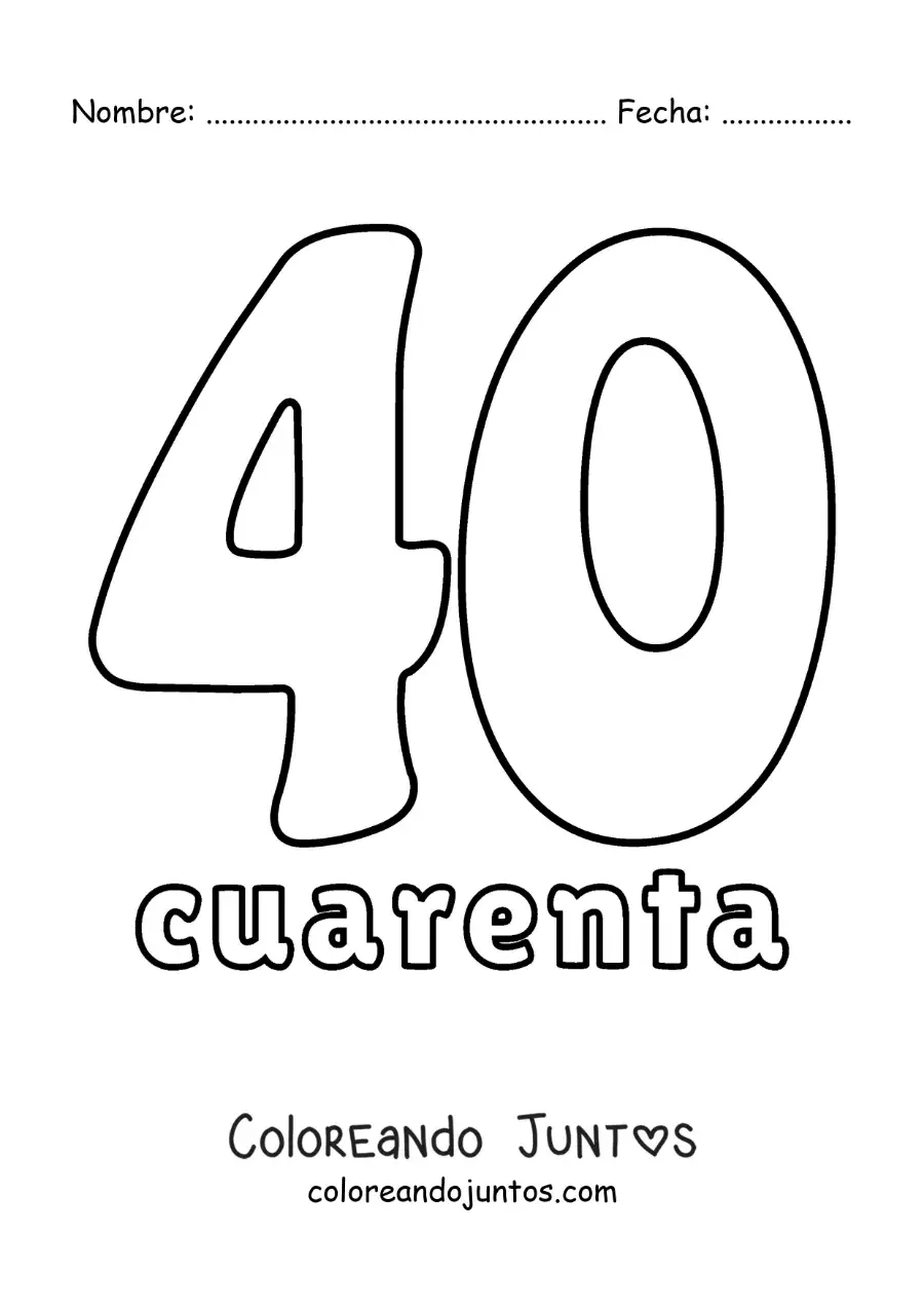 Imagen para colorear de ficha del 40 para aprender los números naturales