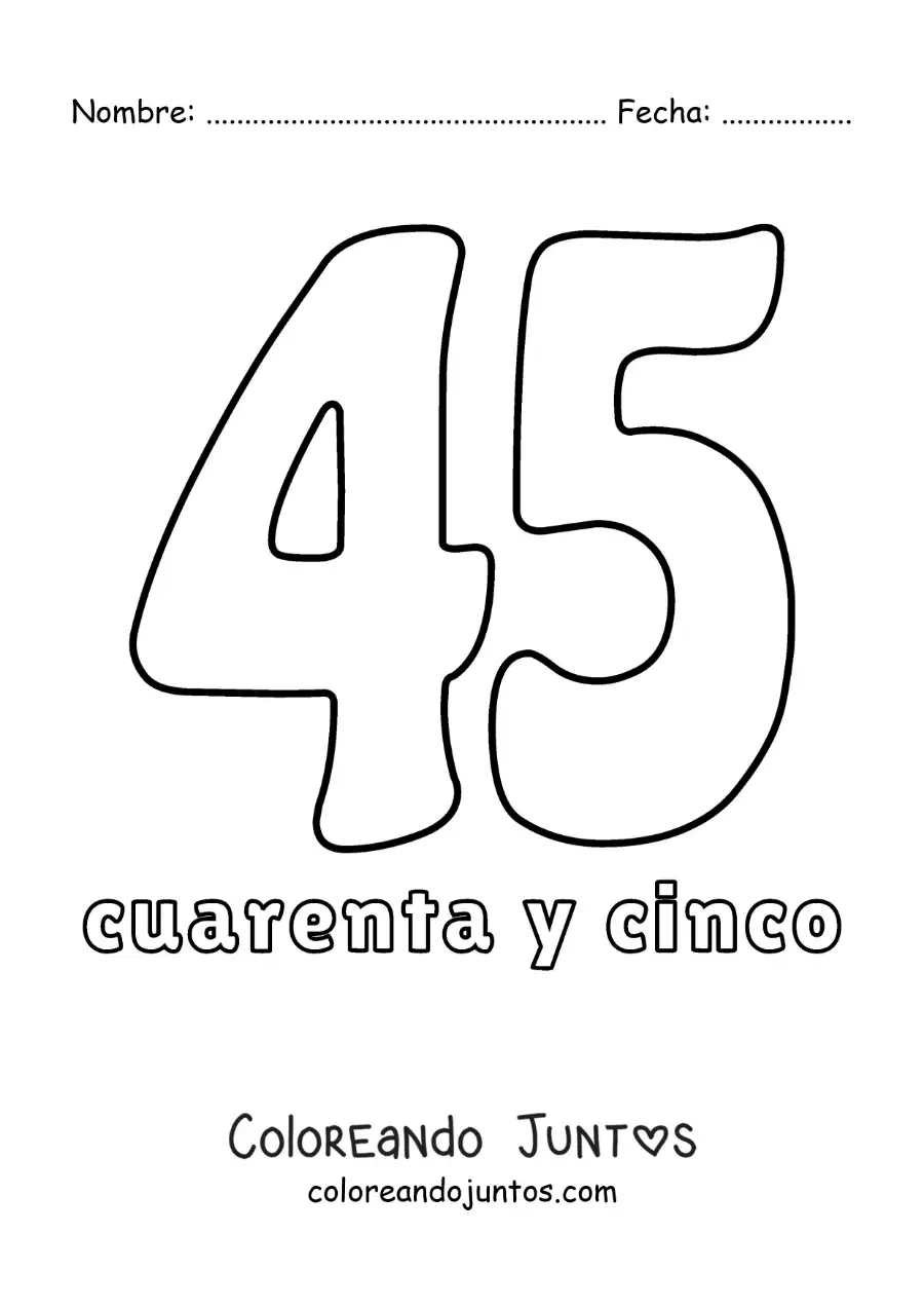 Imagen para colorear de ficha del 45 para aprender los números naturales