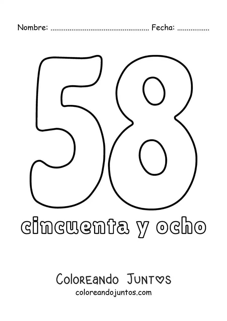 Imagen para colorear de ficha del 58 para aprender los números naturales
