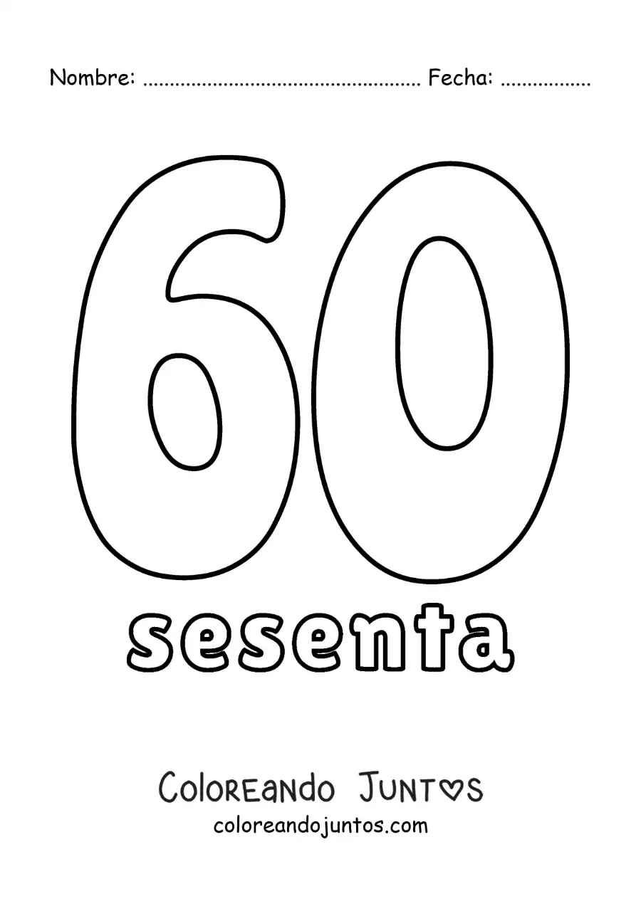 Imagen para colorear de ficha del 60 para aprender los números naturales