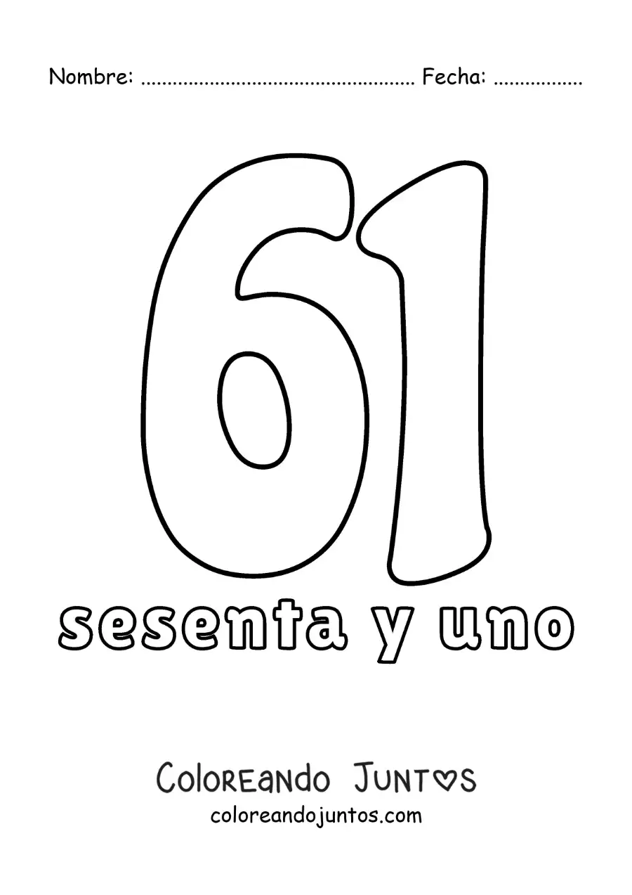 Imagen para colorear de ficha del 61 para aprender los números naturales