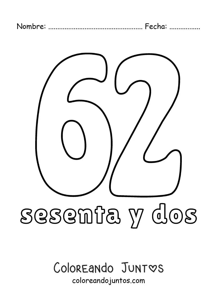 Imagen para colorear de ficha del 62 para aprender los números naturales