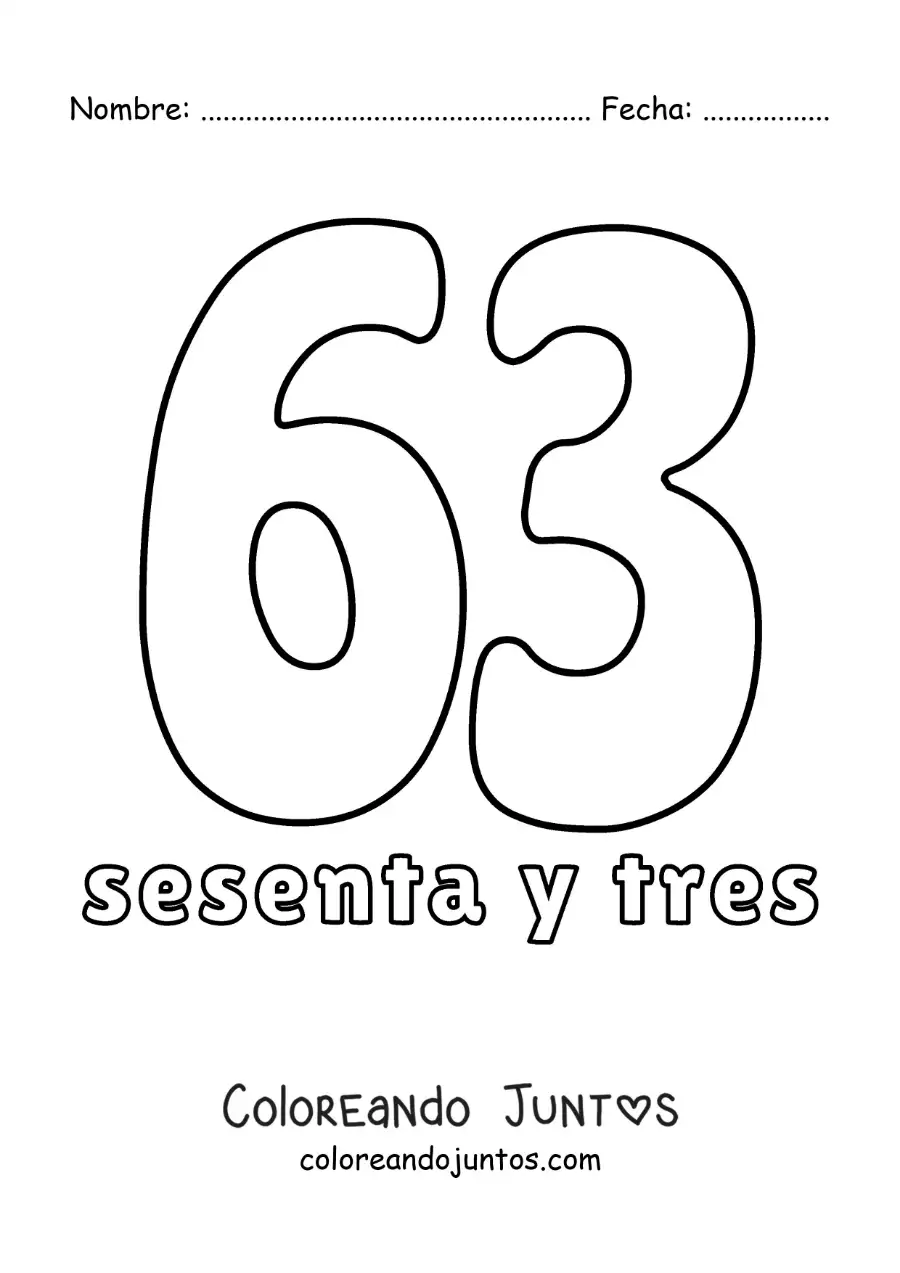 Imagen para colorear de ficha del 63 para aprender los números naturales