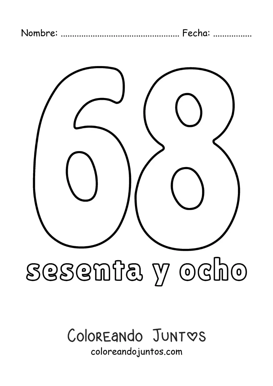 Imagen para colorear de ficha del 68 para aprender los números naturales
