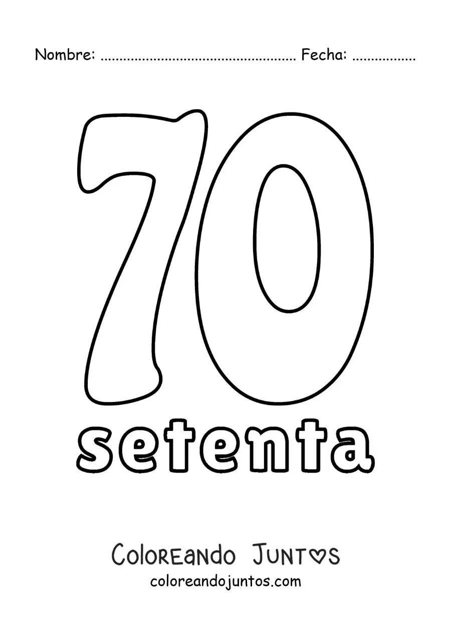 Imagen para colorear de ficha del 70 para aprender los números naturales