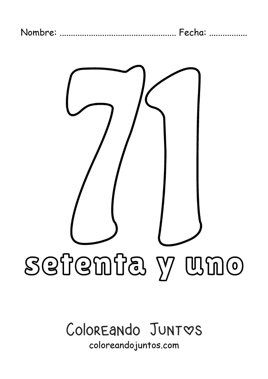 Imagen para colorear de ficha del 71 para aprender los números naturales