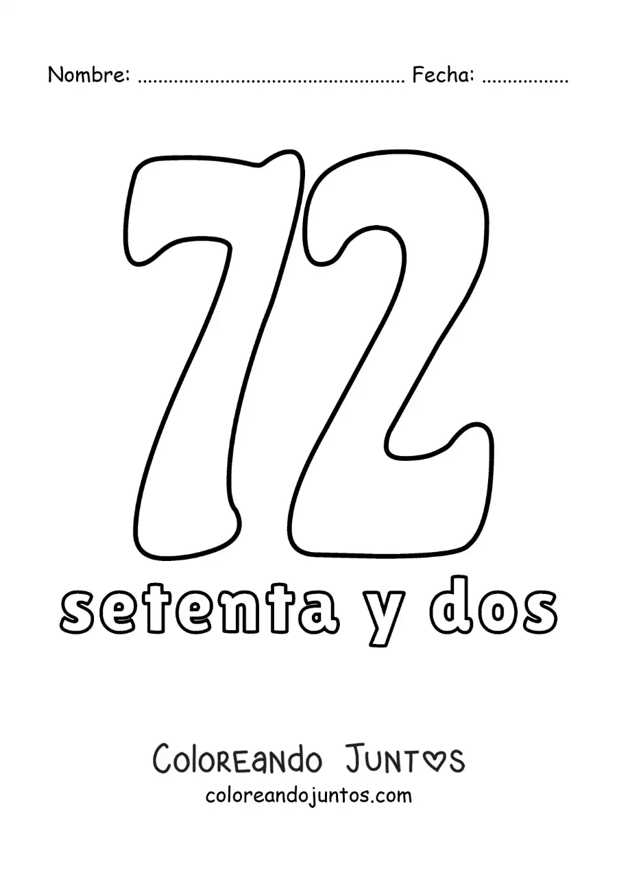 Imagen para colorear de ficha del 72 para aprender los números naturales