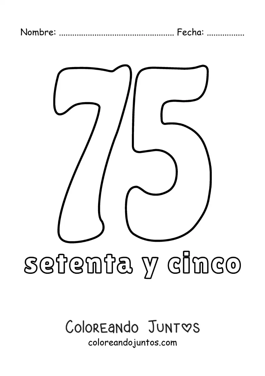 Imagen para colorear de ficha del 75 para aprender los números naturales