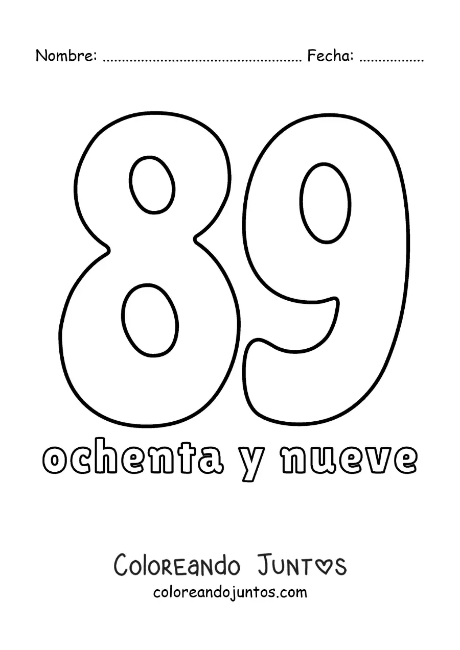 Imagen para colorear de ficha del 89 para aprender los números naturales