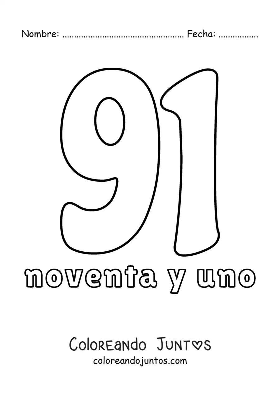 Imagen para colorear de ficha del 91 para aprender los números naturales