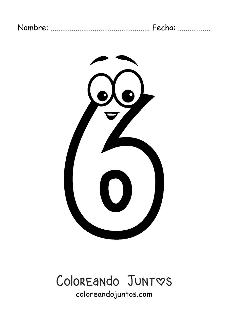 Imagen para colorear del número 6 animado para niños