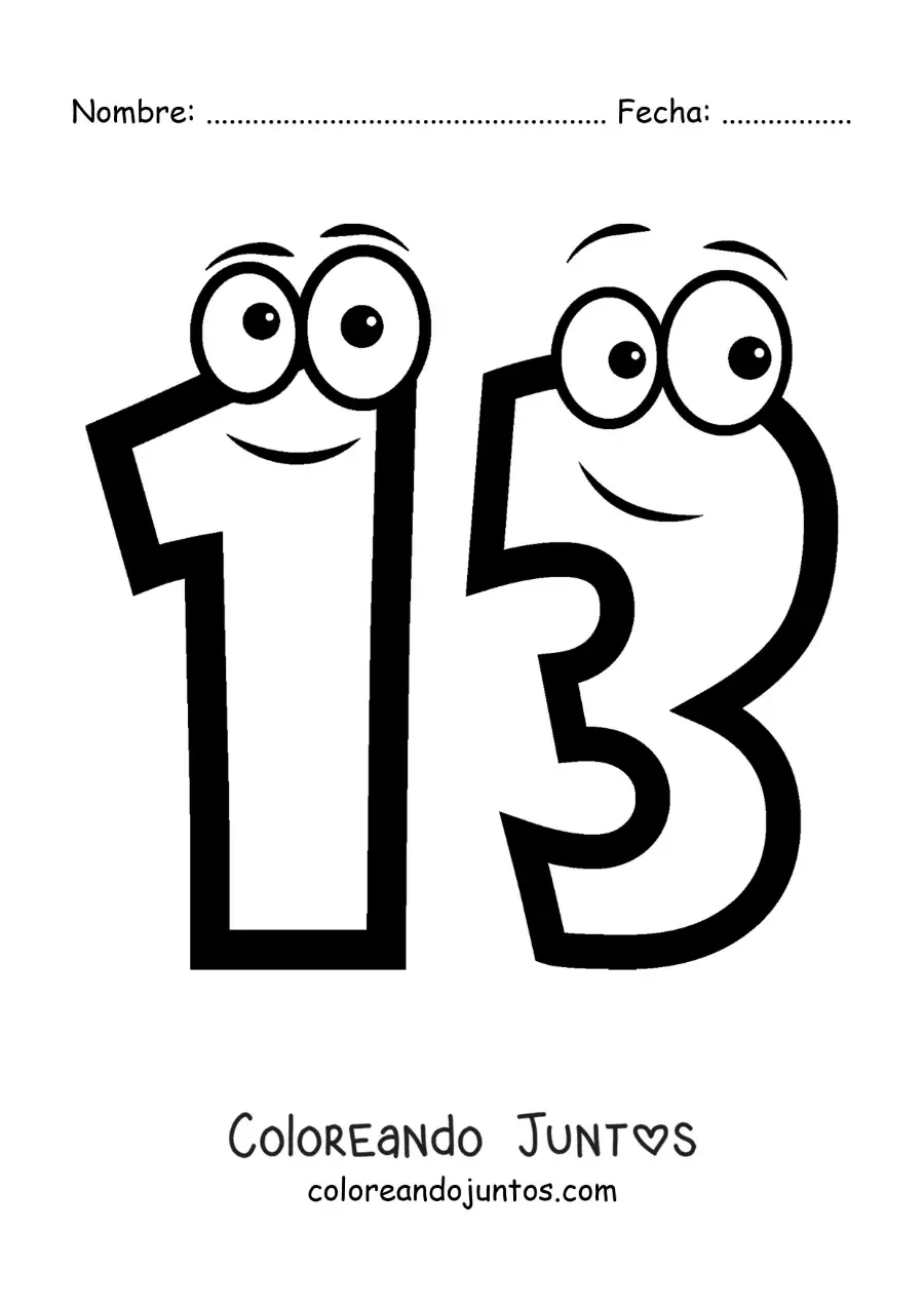 Imagen para colorear del número 13 animado para niños