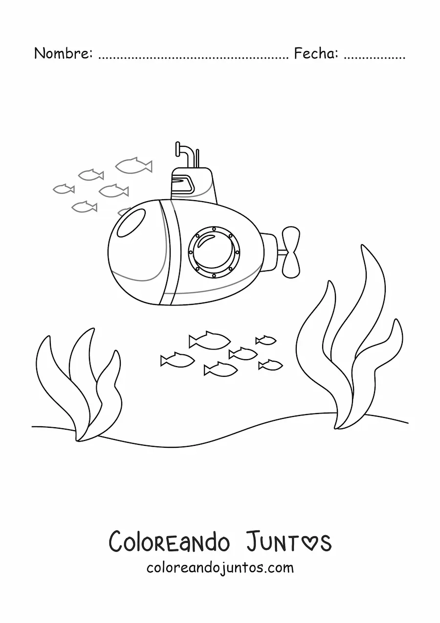 Imagen para colorear de un submarino animado en el fondo del mar