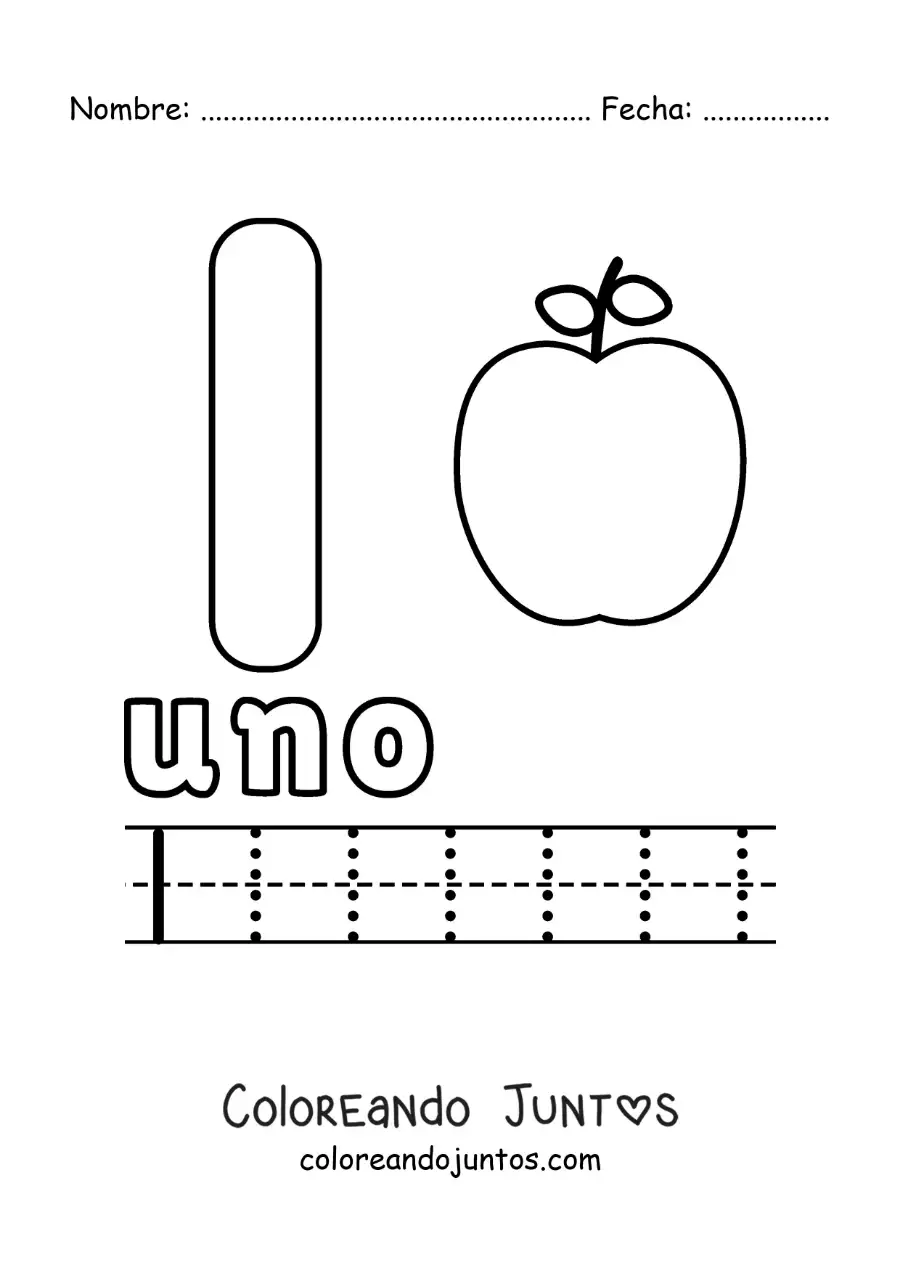Imagen para colorear del número 1 con objetos para aprender a contar y trazar