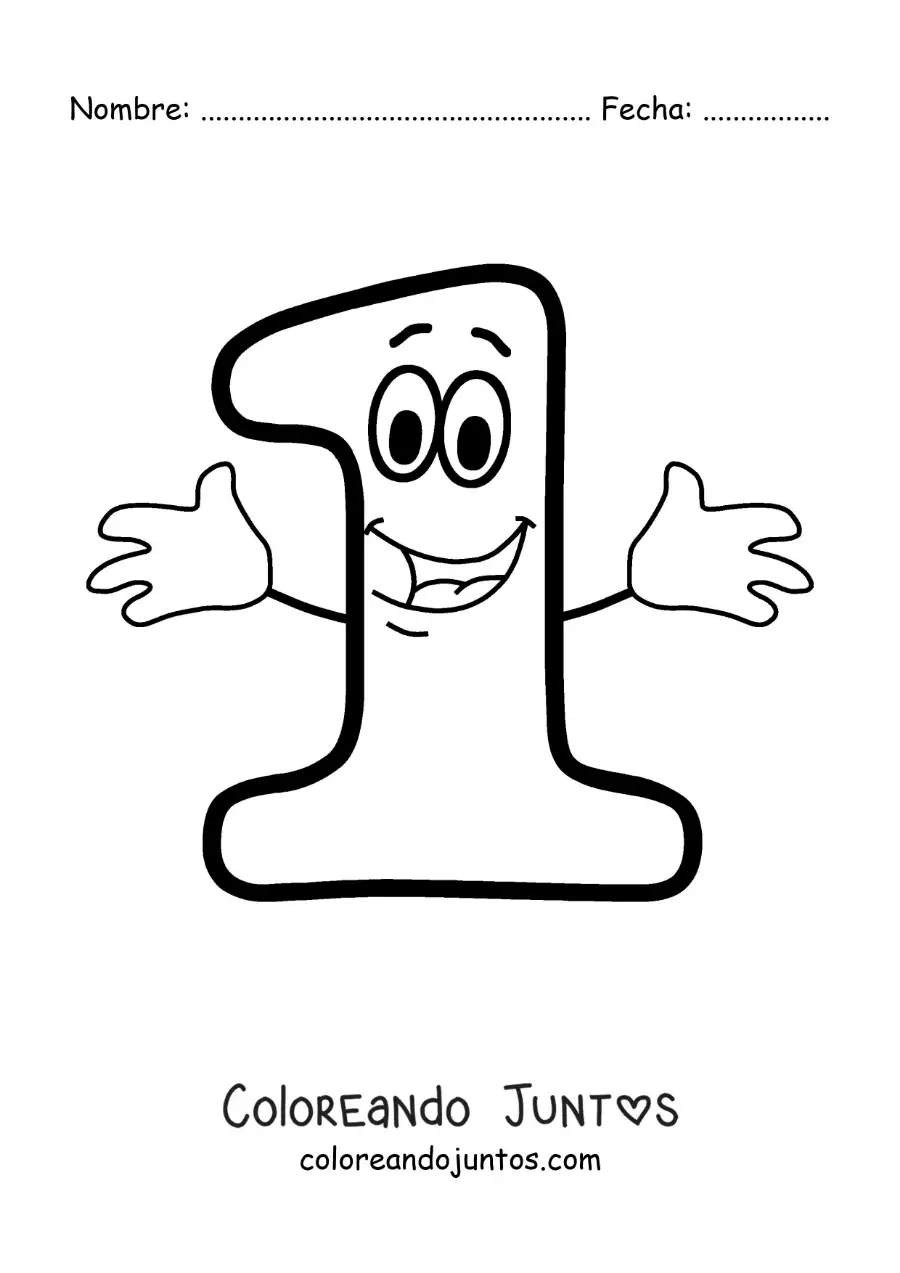 Imagen para colorear del número 1 animado bailando para niños