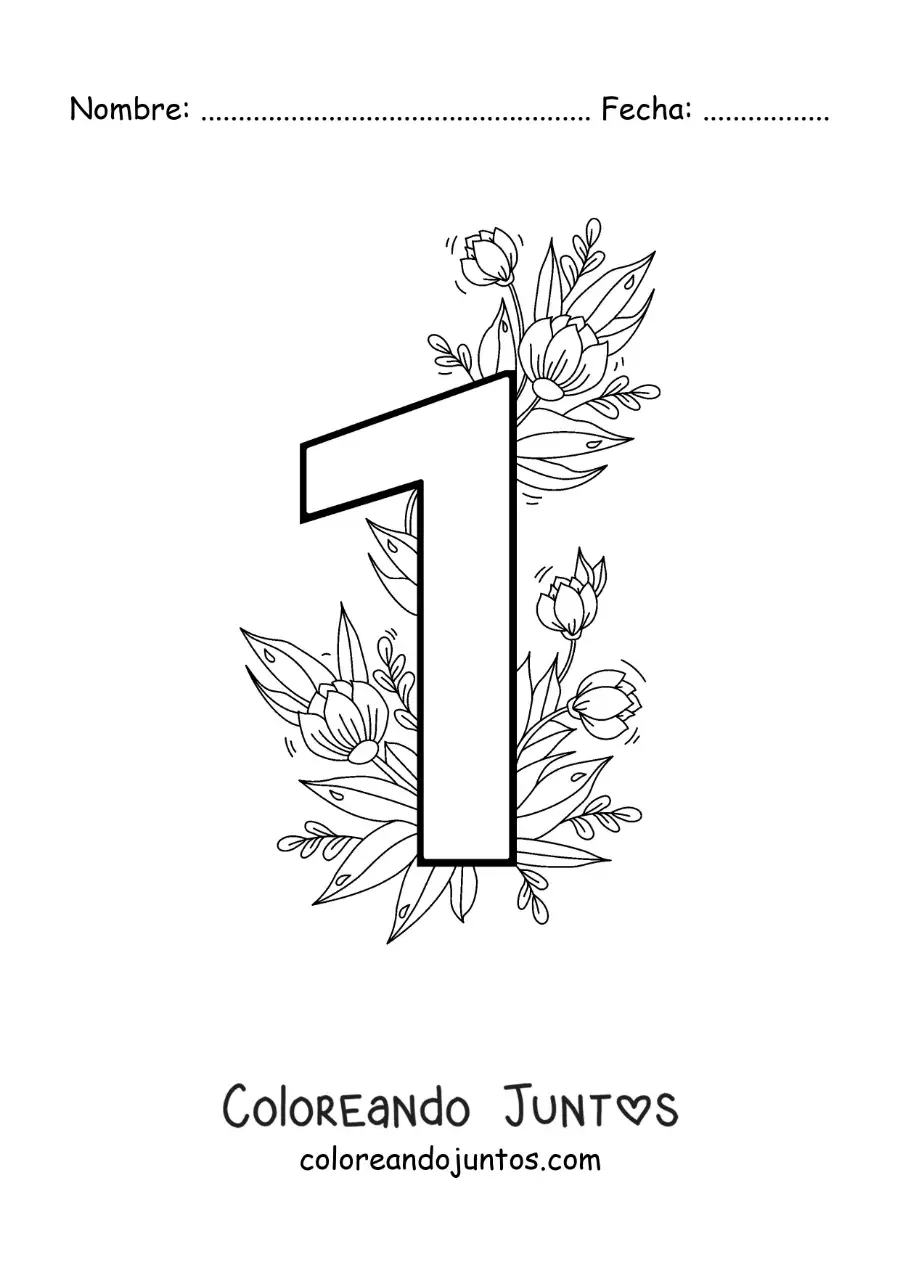 Imagen para colorear del número 1 decorado con flores