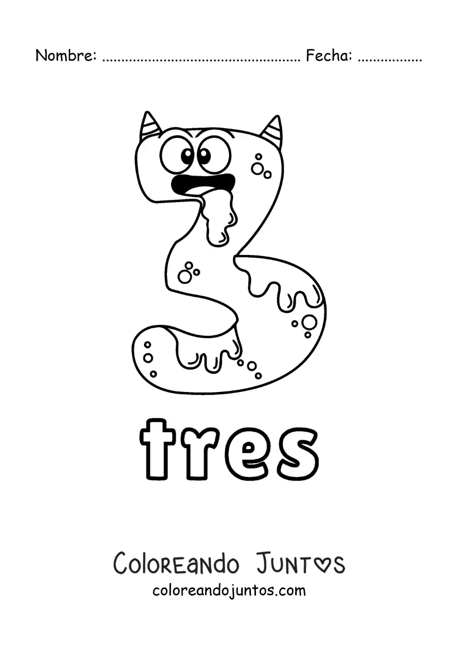 Imagen para colorear del número 3 con forma de monstruo animado de halloween