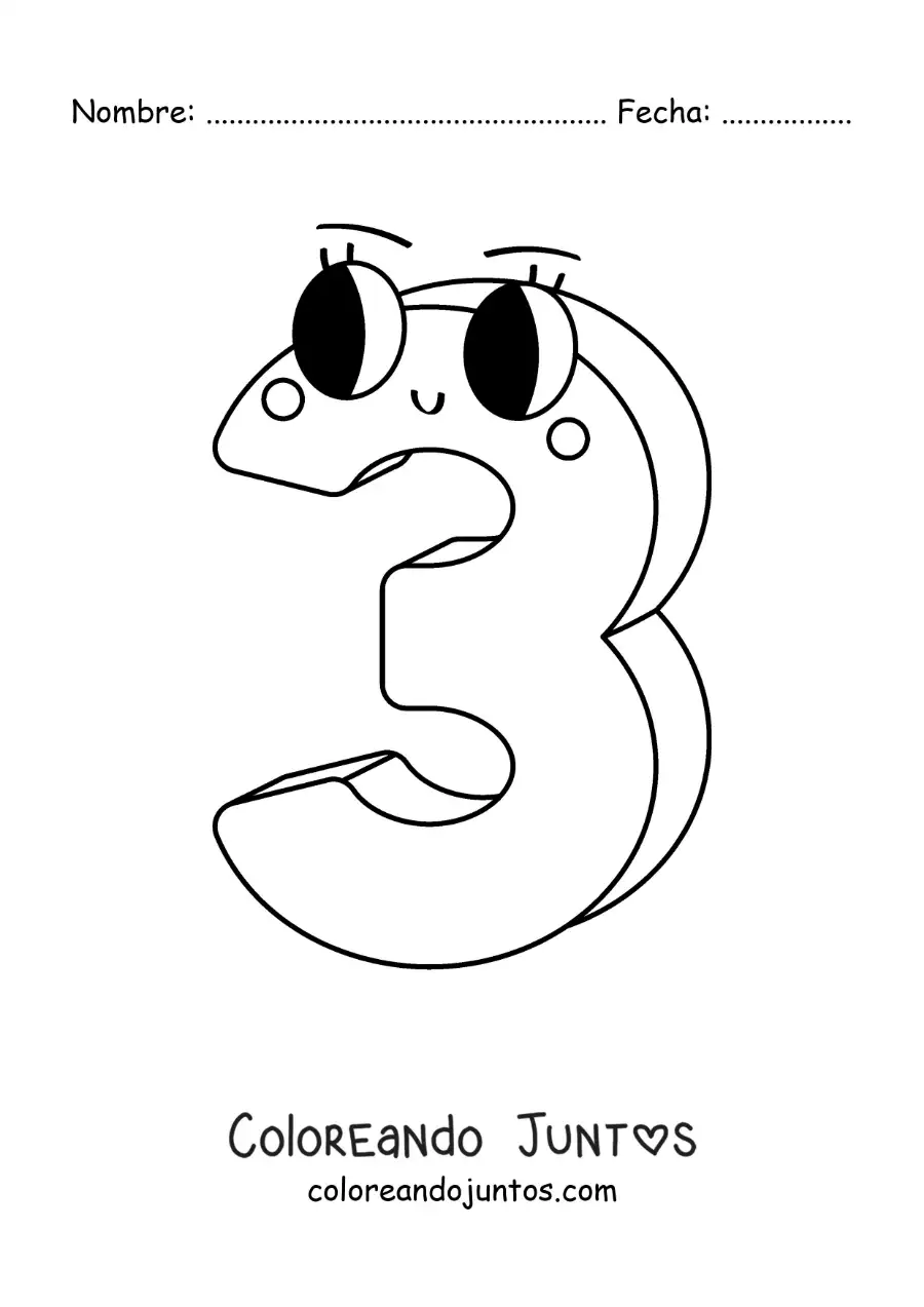 Imagen para colorear del número 3 animado infantil