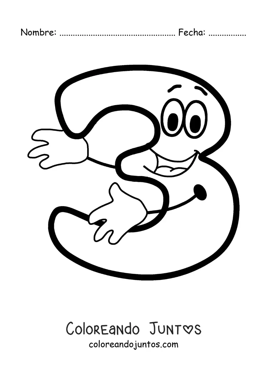 Imagen para colorear del número 3 animado bailando para niños