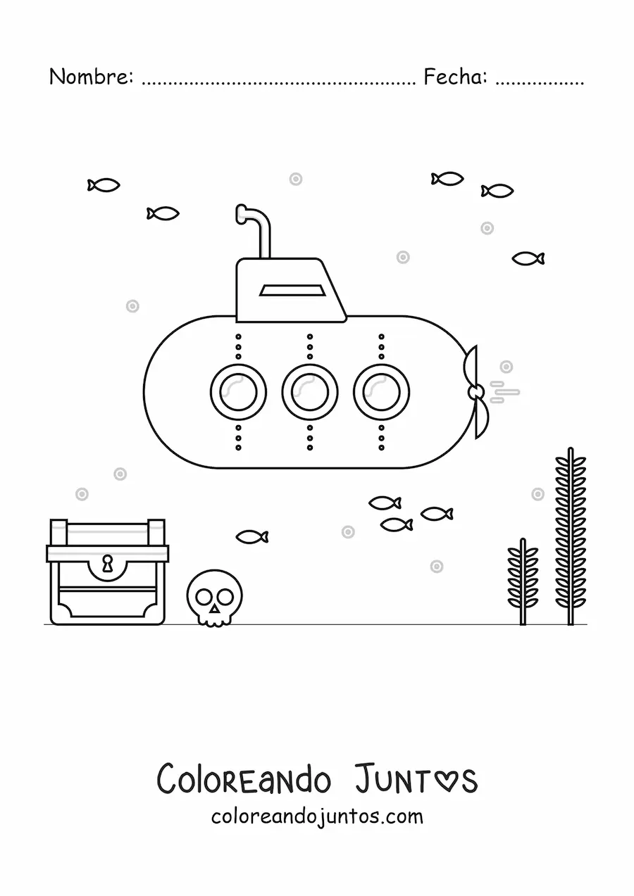 Imagen para colorear de un submarino en el fondo del mar junto a un tesoro