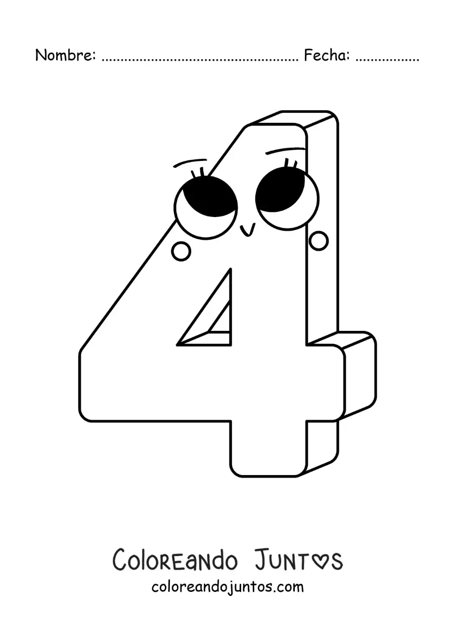 Imagen para colorear del número 4 animado infantil