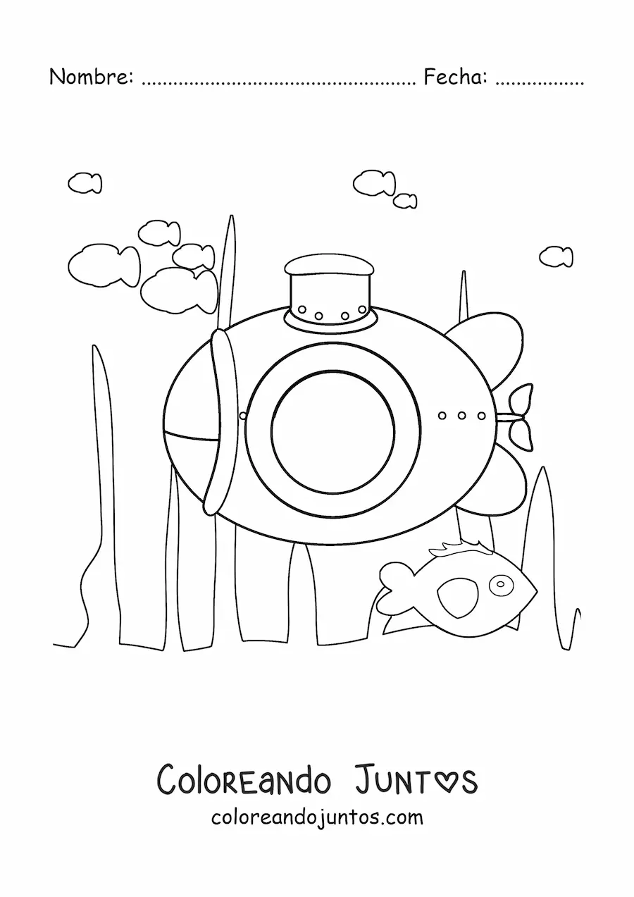 Imagen para colorear de un submarino entre algas en el fondo del océano