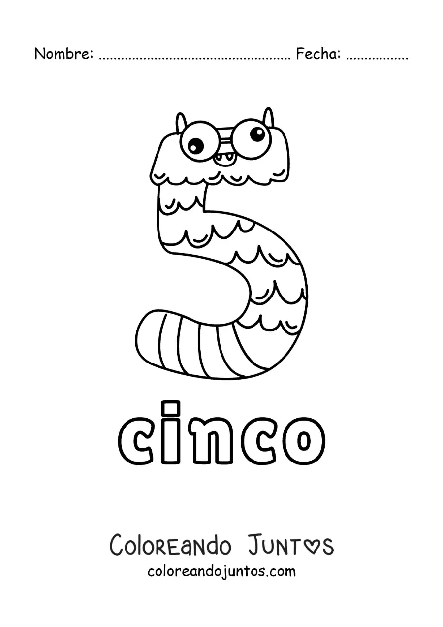 Imagen para colorear del número 5 con forma de monstruo animado de halloween