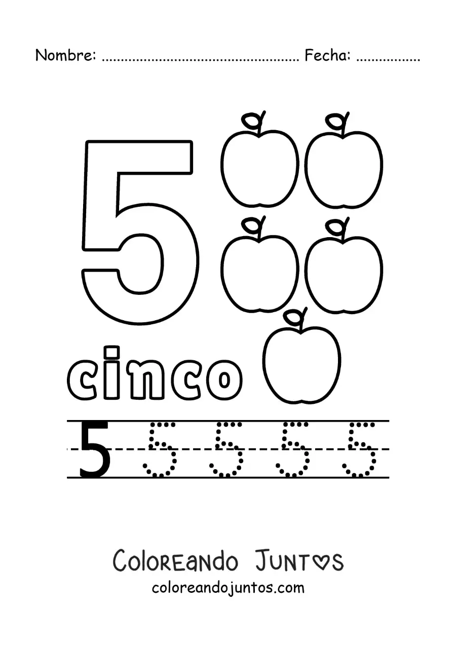Imagen para colorear del número 5 con objetos para aprender a contar