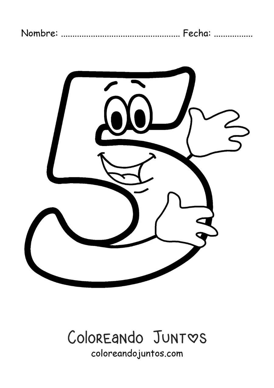 Imagen para colorear del número 5 animado bailando para niños