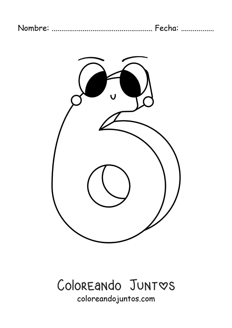 Imagen para colorear del número 6 animado infantil