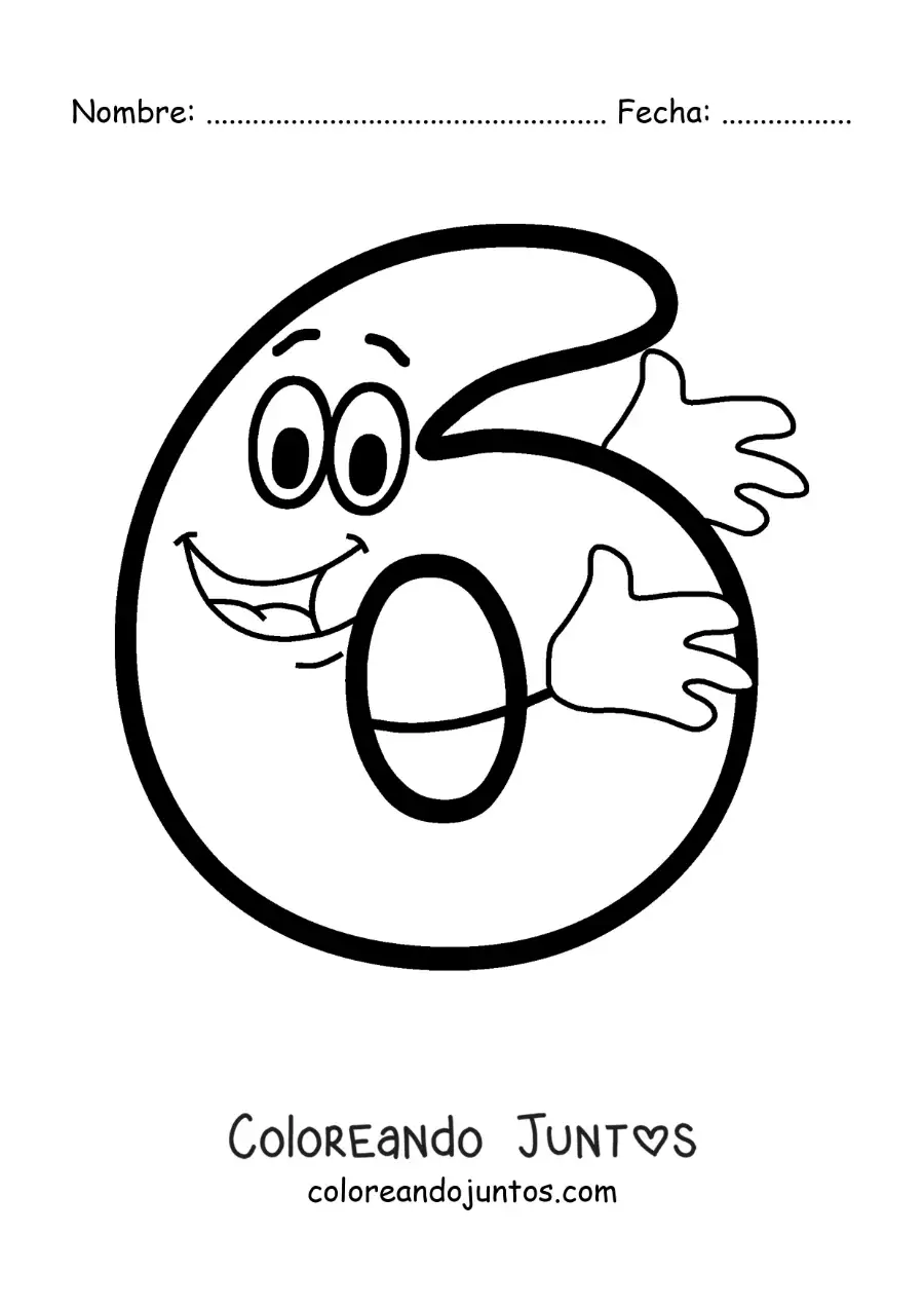 Imagen para colorear del número 6 animado bailando para niños