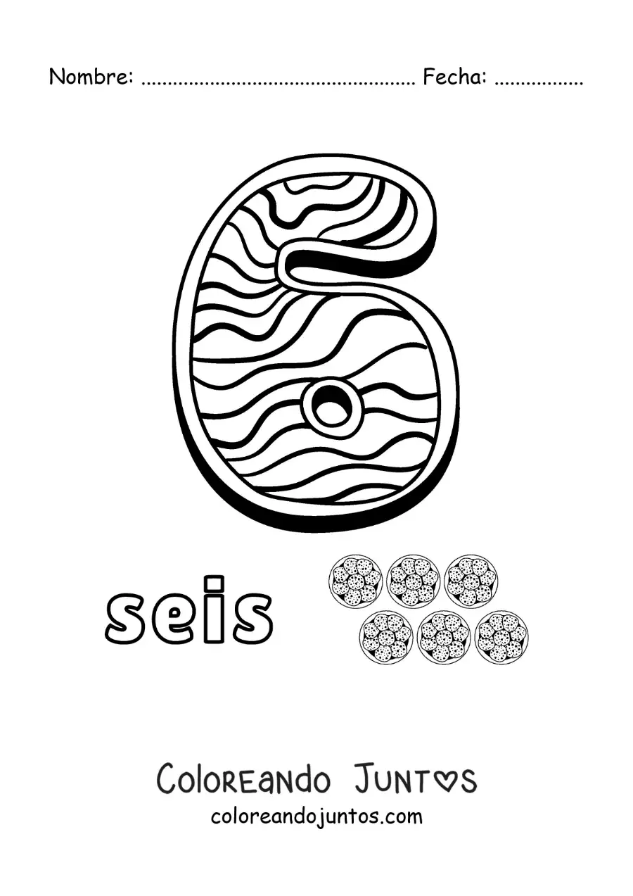 Imagen para colorear del número 6 animado con forma de galleta y objetos para contar
