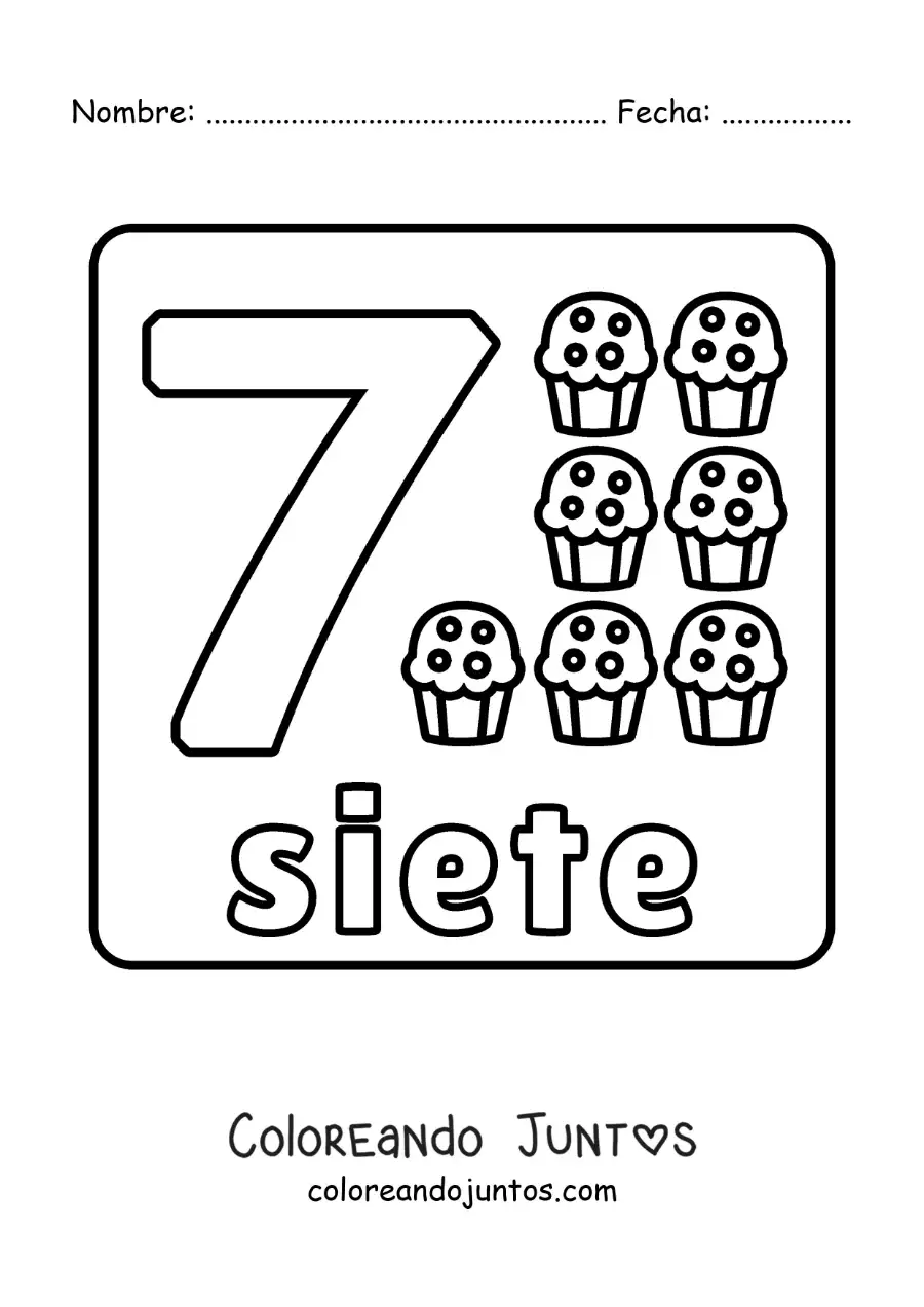 Imagen para colorear del número 7 con objetos para aprender a contar