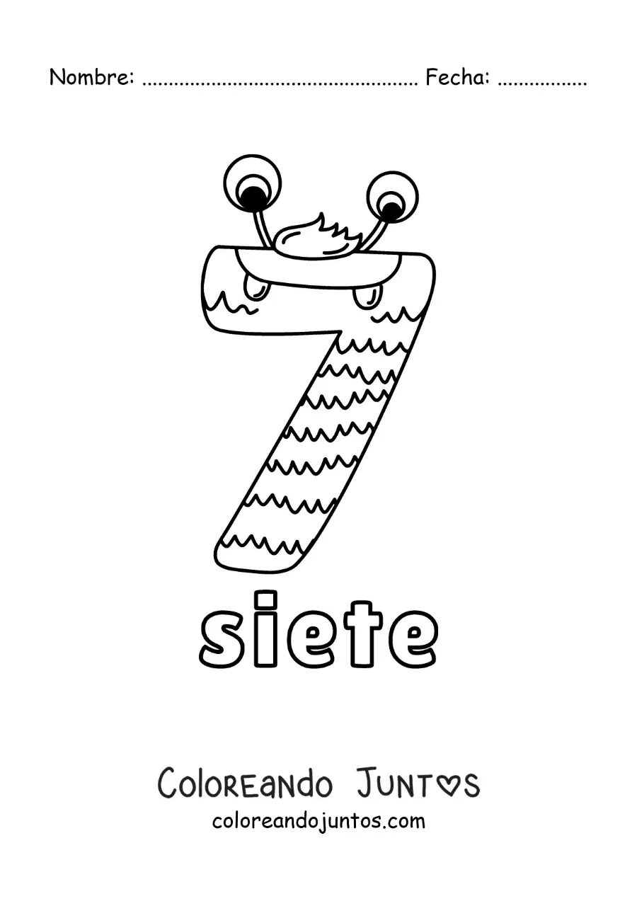 Imagen para colorear del número 7 con forma de monstruo animado de halloween